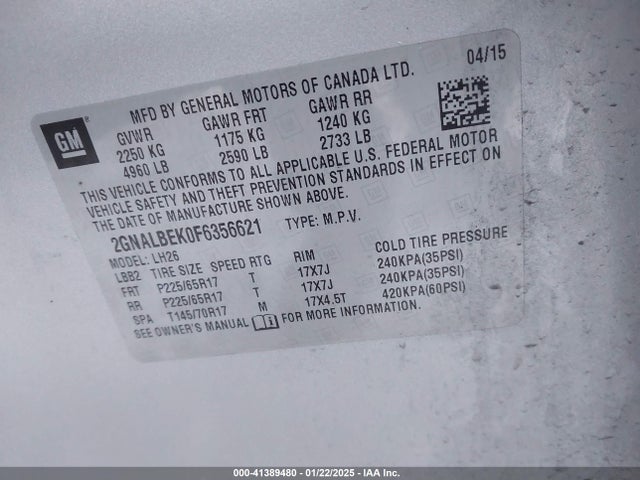 Chevrolet EQUINOX 1LT 2015 2GNALBEK0F6356621 Image 9