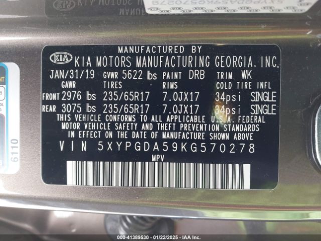 5XYPGDA59KG570278 KIA Sorento 3.3l Lx