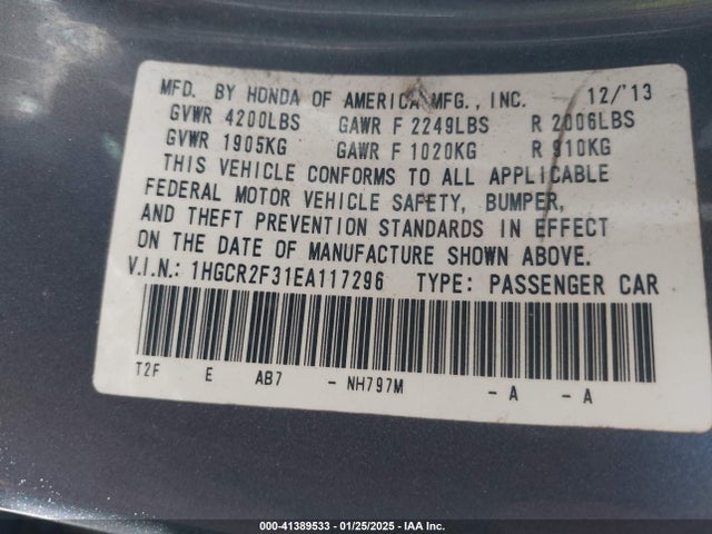 Honda ACCORD LX 2014 1HGCR2F31EA117296 Image 9