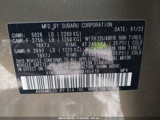 4S4BTGLDXN3185618 Subaru Outback Onyx Edition Xt