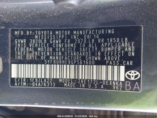 5YFBURHE8GP561600 Toyota Corolla Le Premium