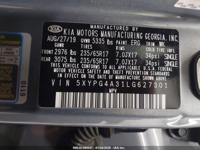 5XYPG4A31LG627301 KIA Sorento 2.4l Lx