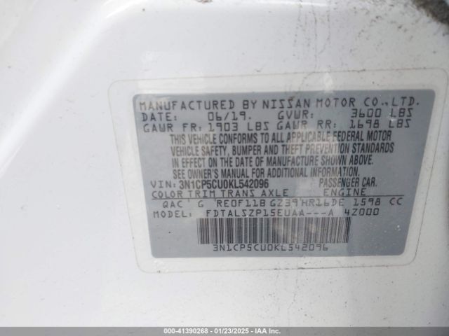 3N1CP5CU0KL542096 Nissan KICKS SV