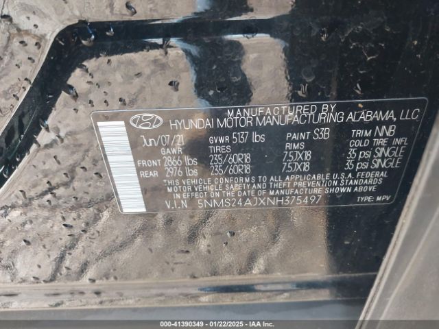 5NMS24AJXNH375497 Hyundai Santa Fe Sel