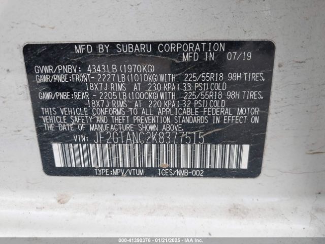 JF2GTANC2K8377515 Subaru Crosstrek 2.0i Limited