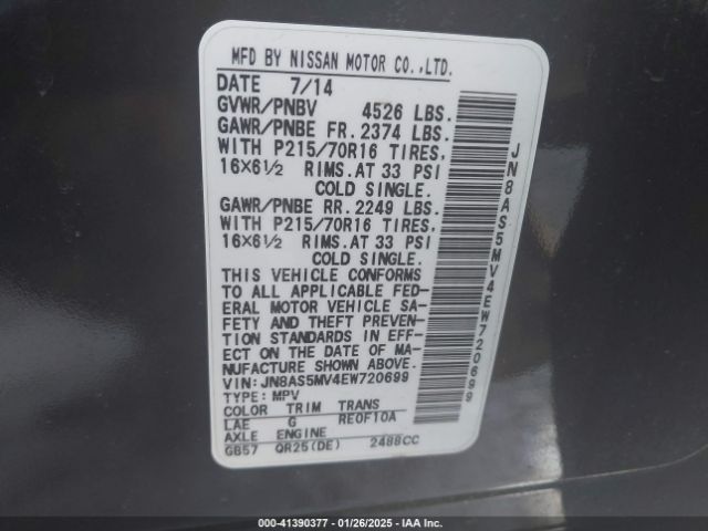 JN8AS5MV4EW720699 Nissan Rogue Select S