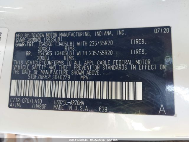 5TDFZRBH2LS040279 Toyota Highlander Platinum