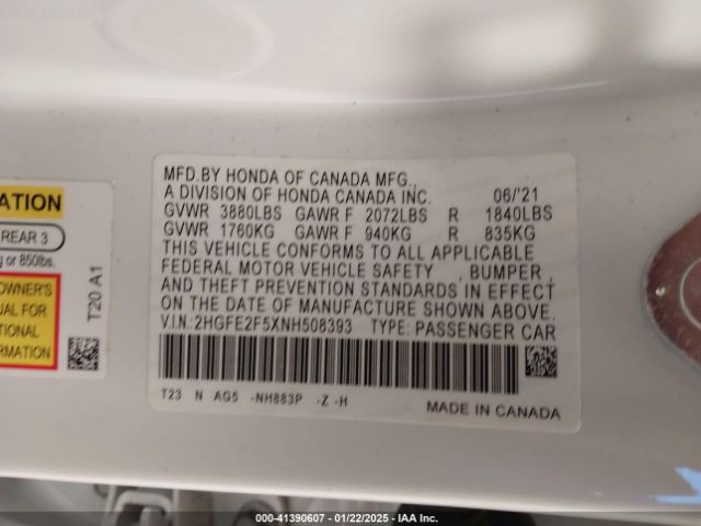 2022 HONDA CIVIC 2HGFE2F5XNH508393 Photo 8