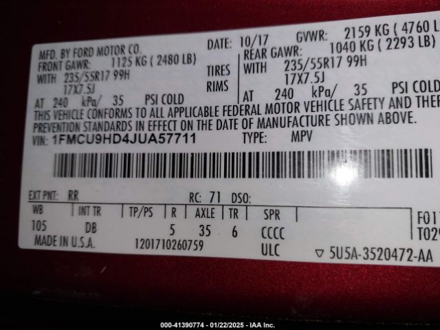 1FMCU9HD4JUA57711 Ford ESCAPE SEL
