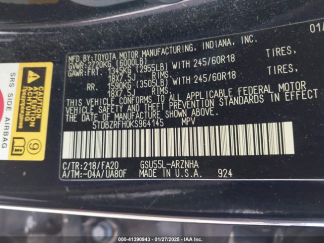 5TDBZRFH0KS964145 Toyota Highlander Le Plus