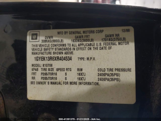 1999 CADILLAC ESCALADE 1GYEK13R6XR404534 Photo 8