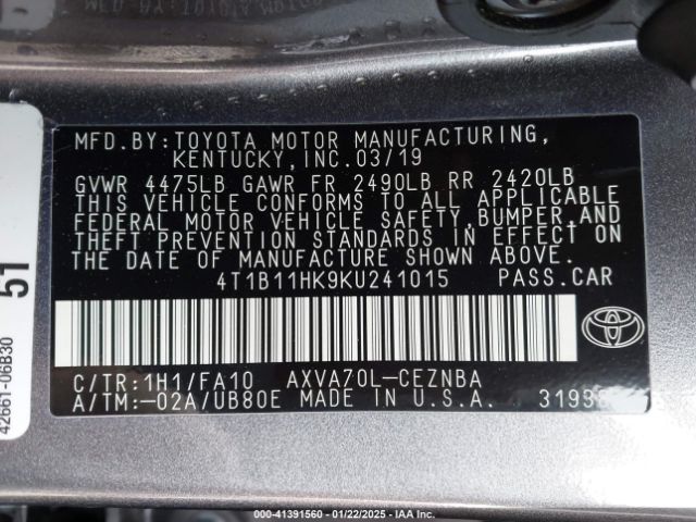 4T1B11HK9KU241015 Toyota CAMRY LE