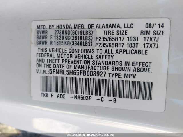 Honda Odyssey Ex-l 2015 5FNRL5H65FB003927 Image 9