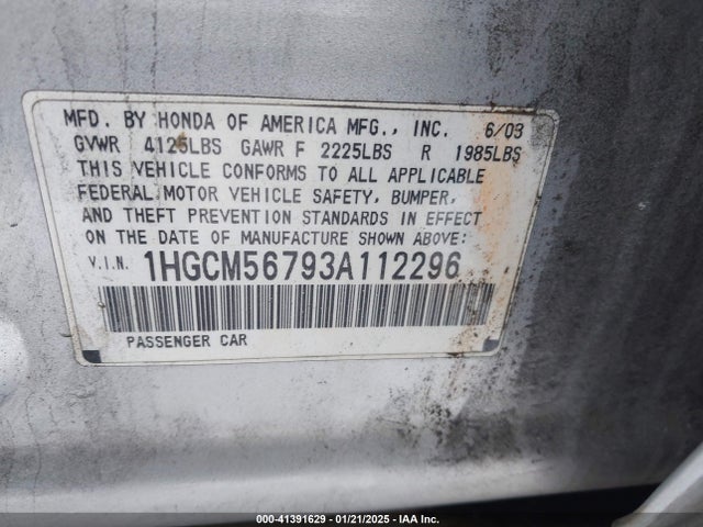 Aukcja sprzedaży 2003 Honda Accord 2.4 Ex, vin: 1HGCM56793A112296, numer aukcji: 41391629