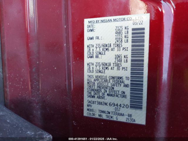 5N1BT3BB2NC694420 Nissan Rogue Sv Intelligent Awd