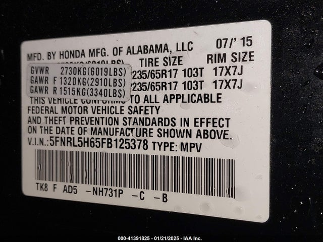 Honda Odyssey Ex-l 2015 5FNRL5H65FB125378 Image 9
