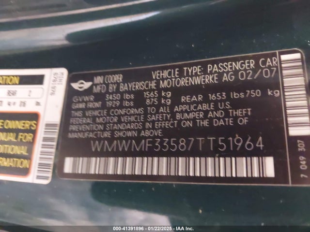 2007 MINI COOPER WMWMF33587TT51964 Photo 8