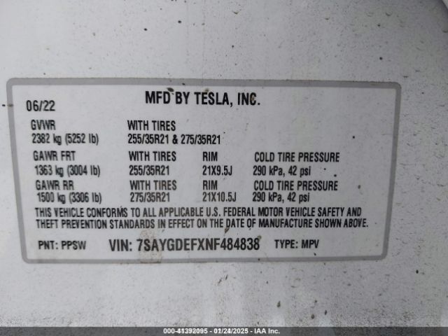 7SAYGDEFXNF484838 Tesla Model Y Performance Dual Motor All-wheel Drive