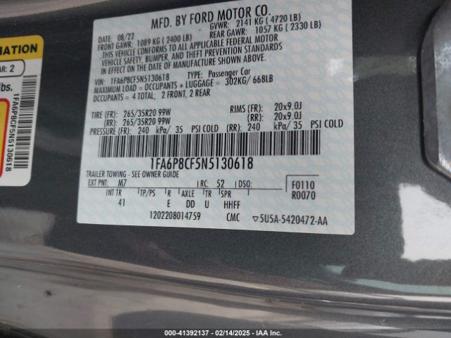 1FA6P8CF5N5130618 Ford Mustang Gt Premium Fastback