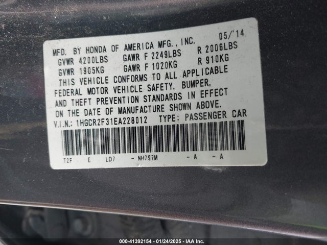 41392154 :رقم المزاد ، 1HGCR2F31EA228012 vin ، 2014 Honda Accord Lx مزاد بيع