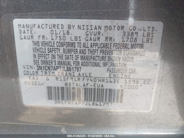 3N1CN7AP7JL861797 Nissan Versa 1.6 S