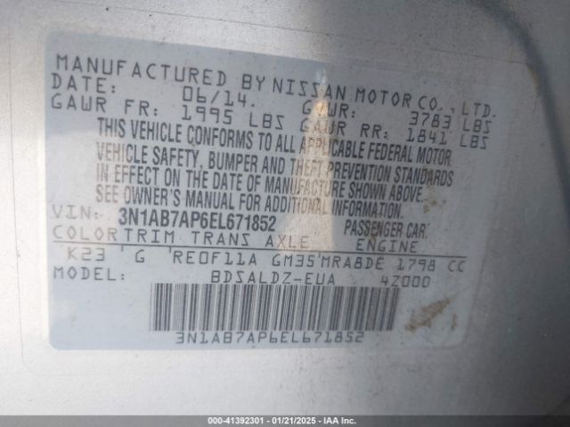 3N1AB7AP6EL671852 Nissan Sentra Fe+ S/fe+ Sv/s/sl/sr/sv