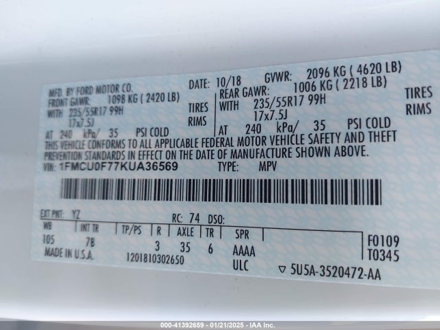 Ford ESCAPE S 2019 1FMCU0F77KUA36569 Image 9