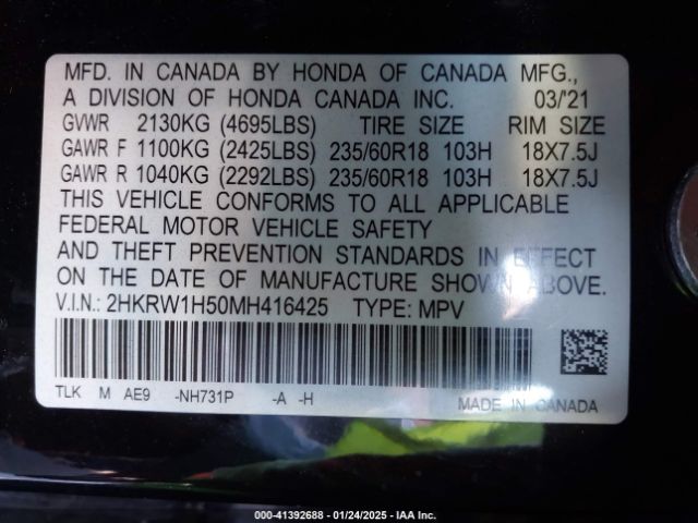 2HKRW1H50MH416425 Honda Cr-v 2wd Ex