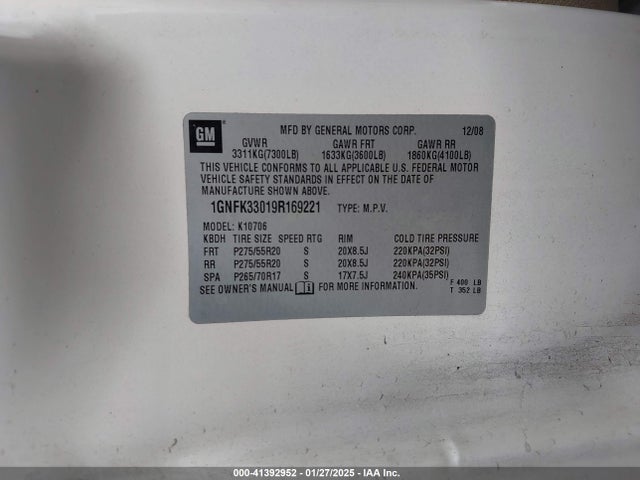 41392952 :رقم المزاد ، 1GNFK33019R169221 vin ، 2009 Chevrolet Tahoe Ltz مزاد بيع