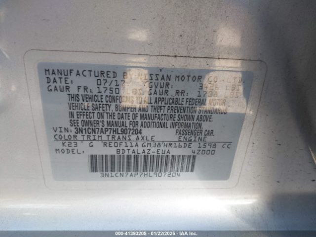 3N1CN7AP7HL907204 Nissan Versa 1.6 S+