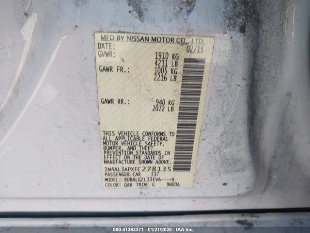 Nissan Altima 2.5 S 2015 1N4AL3APXFC278135 Image 9