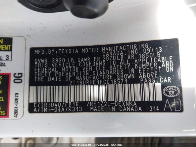 2T1BURHE1EC018571 Toyota COROLLA LE