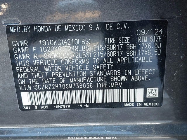 3CZRZ2H70SM736036 Honda Hr-v Awd Ex-l