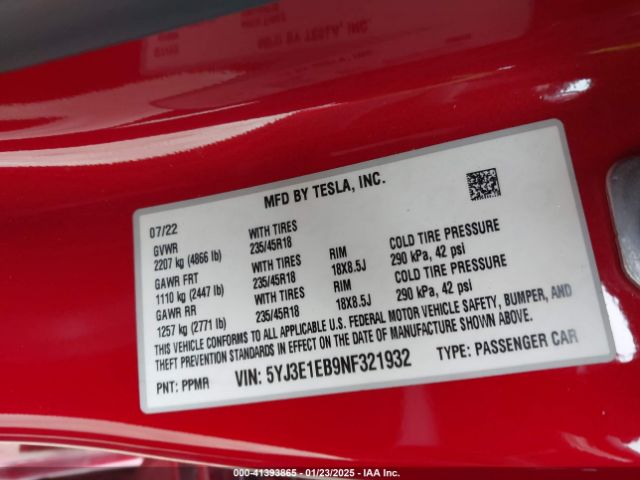 5YJ3E1EB9NF321932 Tesla Model 3 Long Range Dual Motor All-wheel Drive