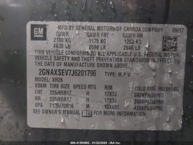 41393982 :رقم المزاد ، 2GNAXSEV7J6201796 vin ، 2018 Chevrolet Equinox Lt مزاد بيع