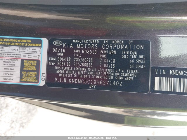 KIA SEDONA EX 2017 KNDMC5C19H6271402 Image 9