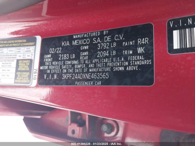 3KPF24ADXNE463565 KIA Forte Lxs
