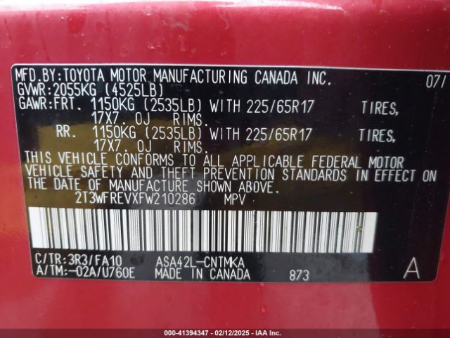 2T3WFREVXFW210286 Toyota Rav4 Xle