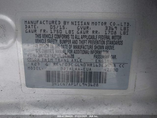 3N1CN7AP1FL943628 Nissan Versa 1.6 S