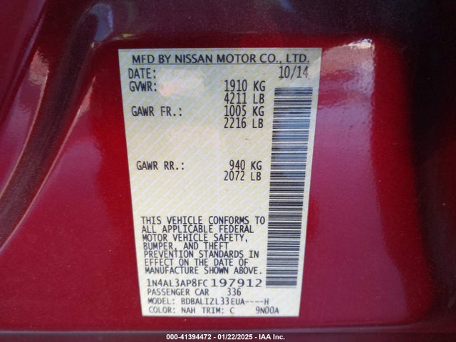 Nissan Altima 2.5 Sv 2015 1N4AL3AP8FC197912 Image 9