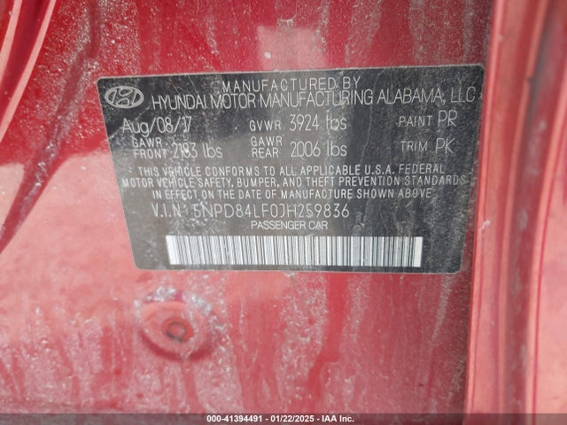 5NPD84LF0JH259836 Hyundai ELANTRA SEL
