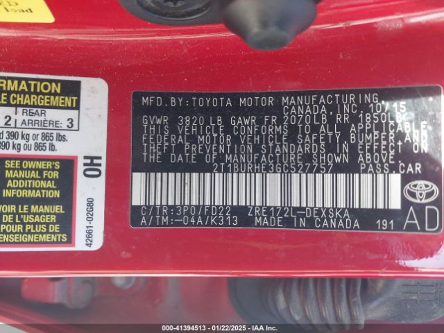 2T1BURHE3GC527757 Toyota Corolla S W/special Edition Pkg