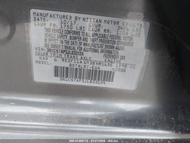 3N1CN7AP3JL833124 Nissan Versa 1.6 Sv