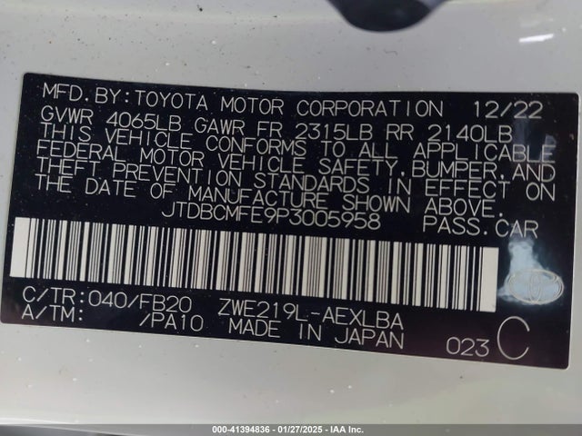 JTDBCMFE9P3005958 Toyota Corolla Hybrid Le