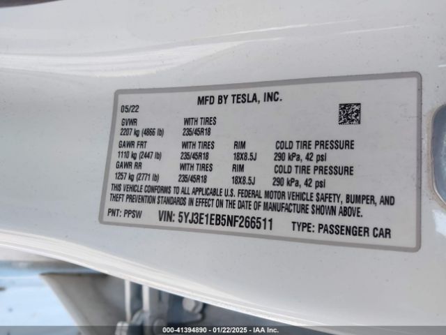 2022 TESLA MODEL 3 5YJ3E1EB5NF266511 Photo 8