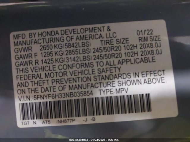 5FNYF6H33NB035854 Honda Pilot Awd Sport
