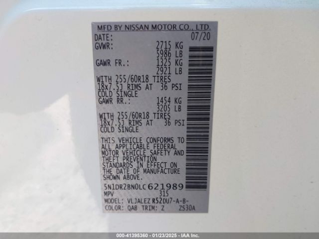 5N1DR2BN0LC621989 Nissan Pathfinder Sv 2wd