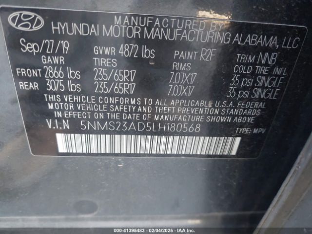 5NMS23AD5LH180568 Hyundai Santa Fe Se