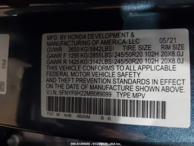 5FNYF6H22MB089099 Honda Pilot Awd Special Edition