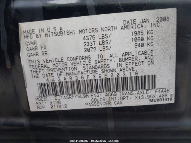 2009 MITSUBISHI GALANT 4A3AB36F39E003161 Photo 8